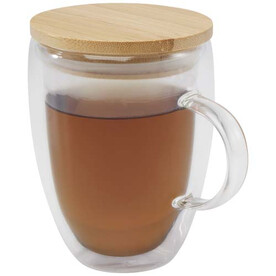Leona 350 ml Glasbecher mit Bambusdeckel, transparent klar bedrucken, Art.-Nr. 11341801