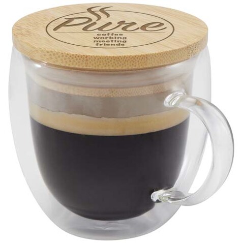 Lenora 250 ml Glasbecher mit Bambusdeckel, transparent klar bedrucken, Art.-Nr. 11341901