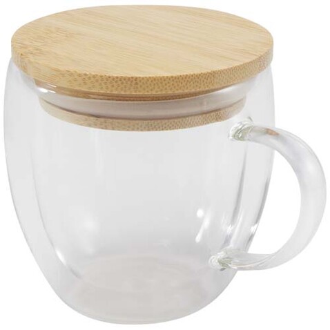 Lenora 250 ml Glasbecher mit Bambusdeckel, transparent klar bedrucken, Art.-Nr. 11341901