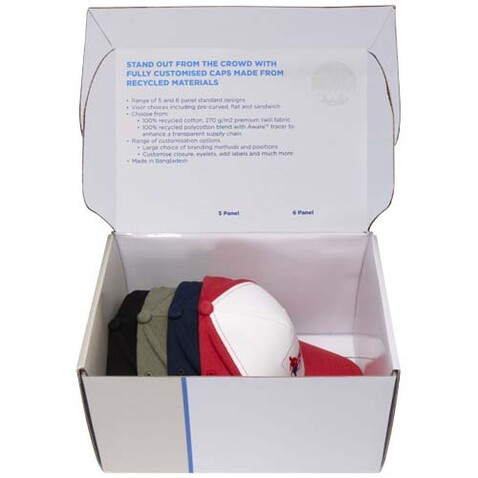 Musterbox mit recycelten Kappen, weiss bedrucken, Art.-Nr. 1PW01301