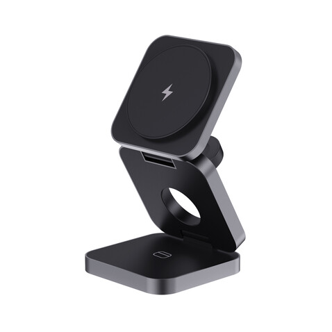 Terra faltbares 3-in-1 15W Charger aus RCS rec. Aluminium grau bedrucken, Art.-Nr. P308.6402