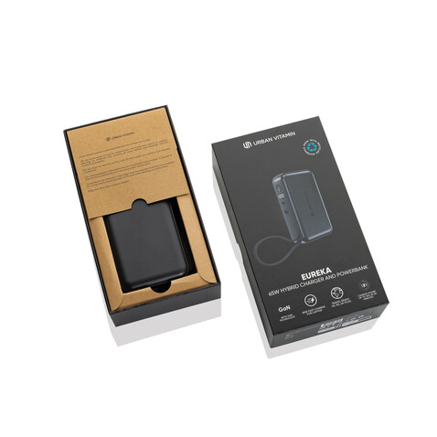 Urban Vitamin Eureka RCS recyceltes 65W-Hybrid-Ladegerät schwarz bedrucken, Art.-Nr. P301.9901