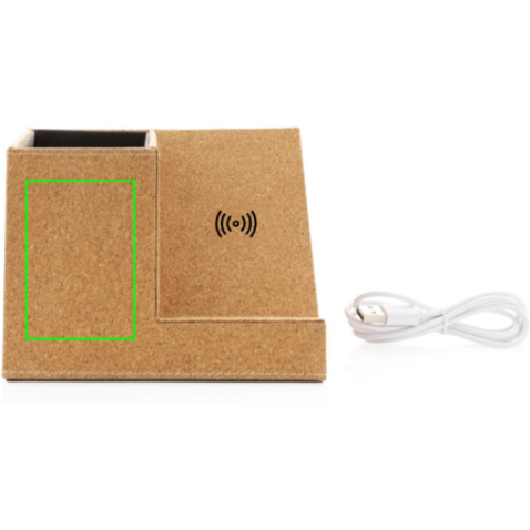 Kork Stiftehalter mit 5W Wireless Charger khaki bedrucken, Art.-Nr. P308.199