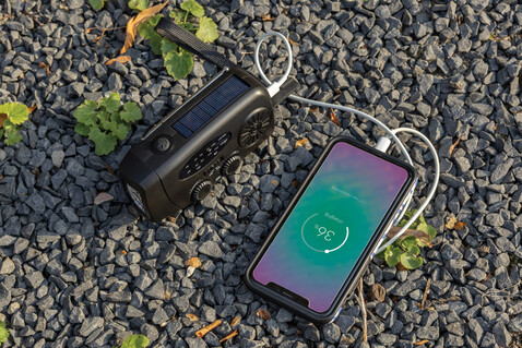 RescueWave Notfallradio aus RCS recyceltem Kunststoff schwarz bedrucken, Art.-Nr. P326.4301