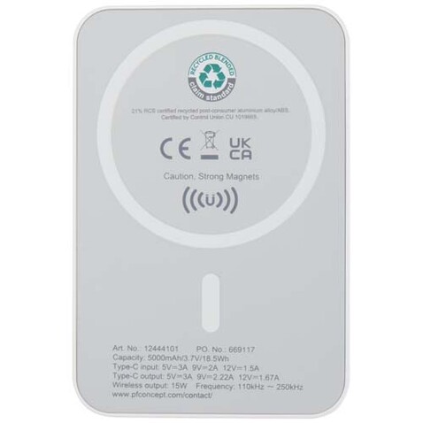 Acrab 15 W 5.000 mAh magnetische kabellose Powerbank mit 20 W PD aus recyceltem Kunststoff, weiss bedrucken, Art.-Nr. 12444101