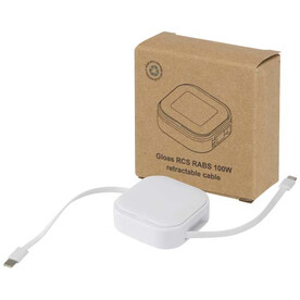 Gloas Aufrollbares 5 in 1 Kabel aus Recyclingmaterial mit Datensynchronisierung und 100 W Schnellladefunktion sowie Smartphone Toolkit, weiss bedrucken, Art.-Nr. 12444801