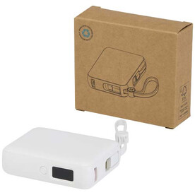 Acrux 35 W 10.000 mAh Tablet Powerbank mit integriertem Typ-C-Kabel aus recyceltem Kunststoff, weiss bedrucken, Art.-Nr. 12445001