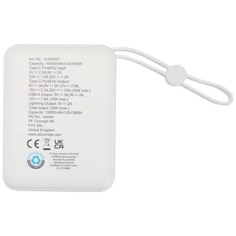 Acrux 35 W 10.000 mAh Tablet Powerbank mit integriertem Typ-C-Kabel aus recyceltem Kunststoff, weiss bedrucken, Art.-Nr. 12445001
