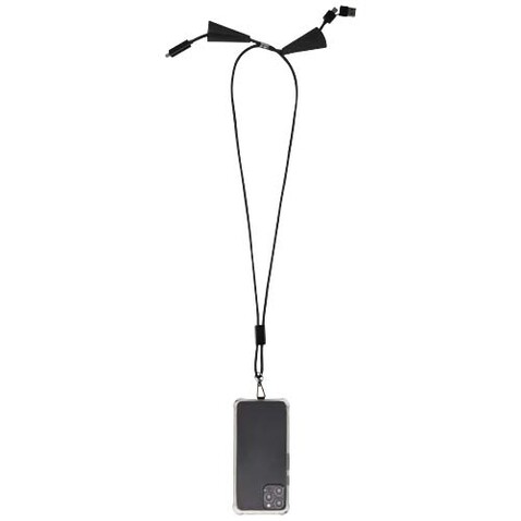 Funi 5 in 1 Lanyard Kabel aus recyceltem Kunststoff für Smartphones mit integrierter Datensynchronisierung und 100 W Schnellladefunktion, schwarz bedrucken, Art.-Nr. 12445390