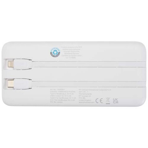 Adhil 10 W 10.000 mAh Powerbank aus recyceltem Kunststoff mit 2 integrierten Kabeln, weiss bedrucken, Art.-Nr. 12445901