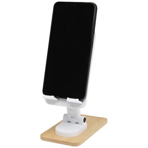 Alfirk Klappbare Smartphonehalterung aus recyceltem Kunststoff mit Bambusdetails, weiss bedrucken, Art.-Nr. 12446401 Alfirk Klappbare Smartphonehalterung aus recyceltem Kunststoff mit Bambusdetails, weiss bedrucken, Art.-Nr. 12446401