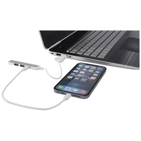 Alkaid 4 Port Hub aus recyceltem Aluminium mit USB-A- und Typ-C-Anschlüssen und zwei Eingängen, silber bedrucken, Art.-Nr. 12446981