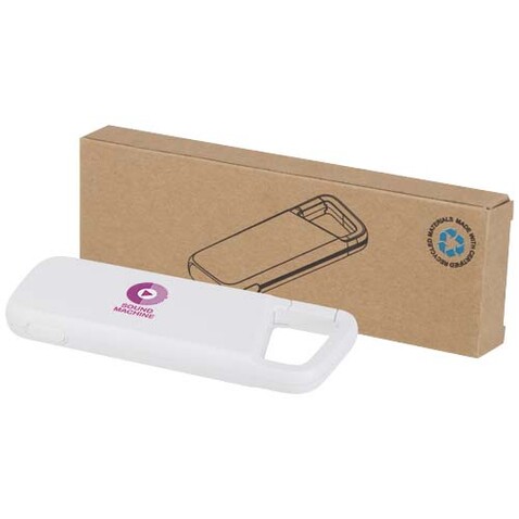 Alkes 12 W 5.000 mAh wasserfeste Powerbank aus recyceltem Kunststoff mit Karabinerhaken, weiss bedrucken, Art.-Nr. 12447001
