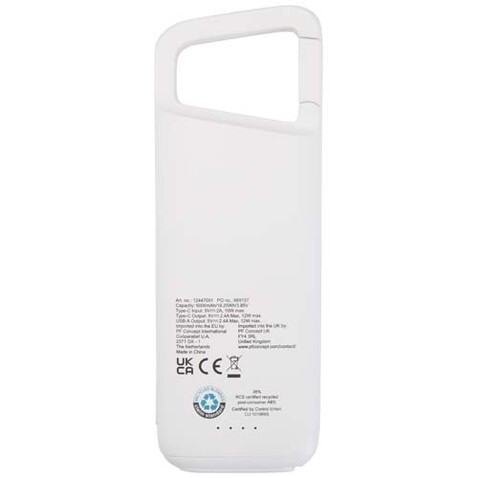 Alkes 12 W 5.000 mAh wasserfeste Powerbank aus recyceltem Kunststoff mit Karabinerhaken, weiss bedrucken, Art.-Nr. 12447001