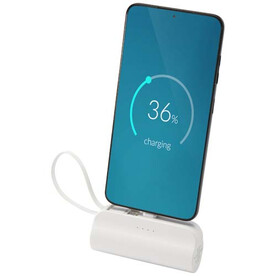 Alnair 10 W 5000 mAh Typ C Powerbank aus recyceltem Kunststoff mit integriertem Klappständer und 2 in 1 Kabel, weiss bedrucken, Art.-Nr. 12447201