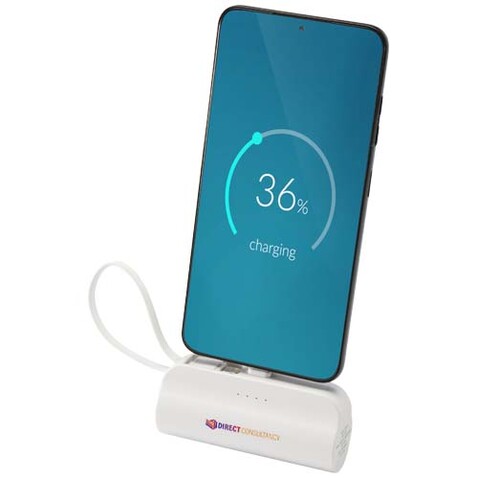Alnair 10 W 5000 mAh Typ C Powerbank aus recyceltem Kunststoff mit integriertem Klappständer und 2 in 1 Kabel, weiss bedrucken, Art.-Nr. 12447201
