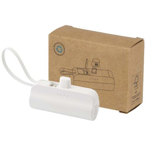 Alnair 10 W 5000 mAh Typ C Powerbank aus recyceltem Kunststoff mit integriertem Klappständer und 2 in 1 Kabel, weiss bedrucken, Art.-Nr. 12447201