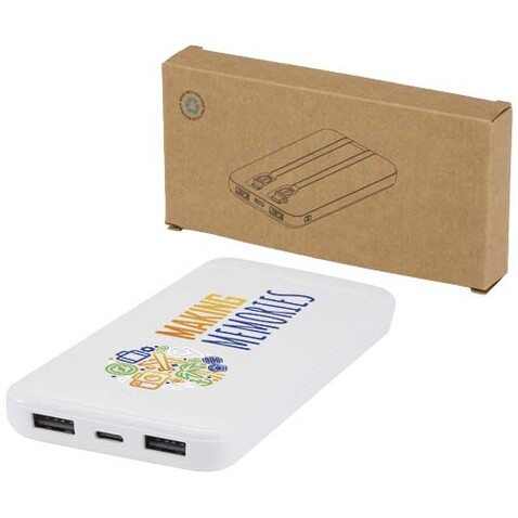 Adhil 10 W 10.000 mAh Powerbank aus recyceltem Kunststoff mit 2 integrierten Kabeln, weiss bedrucken, Art.-Nr. 12445901