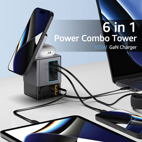 Urban Vitamin Sacramento 105W GaN Charger mit einz. Kabeln grau, schwarz bedrucken, Art.-Nr. P309.5402