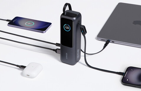 Anker Powerbank 25.000mAh-165W, mit integr. einziehb. Kabel grau, schwarz bedrucken, Art.-Nr. RBA1695H11 Anker Powerbank 25.000mAh-165W, mit integr. einziehb. Kabel grau, schwarz bedrucken, Art.-Nr. RBA1695H11