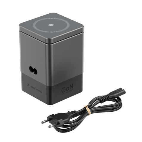 Urban Vitamin Sacramento 105W GaN Charger mit einz. Kabeln grau, schwarz bedrucken, Art.-Nr. P309.5402