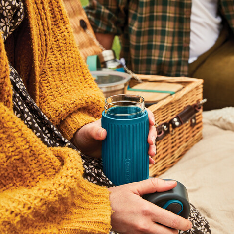 Black+Blum Glas-Reisebecher 340ml turkis bedrucken, Art.-Nr. P439.1633