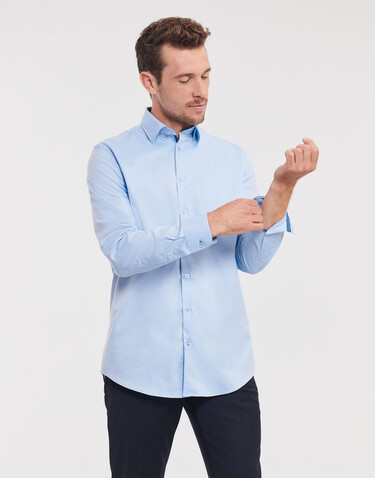 Russell Europe Tailored Contrast Herringbone Shirt LS, White/Silver/Convoy Grey, S bedrucken, Art.-Nr. 022000873