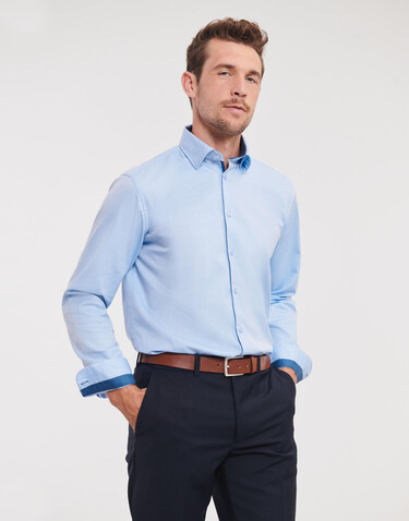 Russell Europe Tailored Contrast Herringbone Shirt LS, White/Silver/Convoy Grey, S bedrucken, Art.-Nr. 022000873