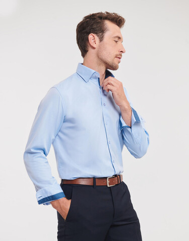 Russell Europe Tailored Contrast Herringbone Shirt LS, White/Silver/Convoy Grey, S bedrucken, Art.-Nr. 022000873