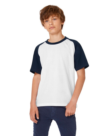 B &amp; C Base-Ball/kids T-Shirt, White/Navy, 7/8 (122/128) bedrucken, Art.-Nr. 118420525
