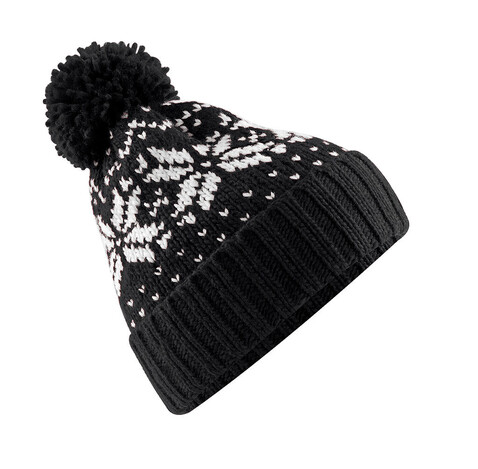Beechfield Fair Isle Snowstar® Beanie, Black/White, One Size bedrucken, Art.-Nr. 344691500