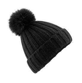 Beechfield Verbier Fur Pop Pom Chunky Beanie, Black, One Size bedrucken, Art.-Nr. 388691010