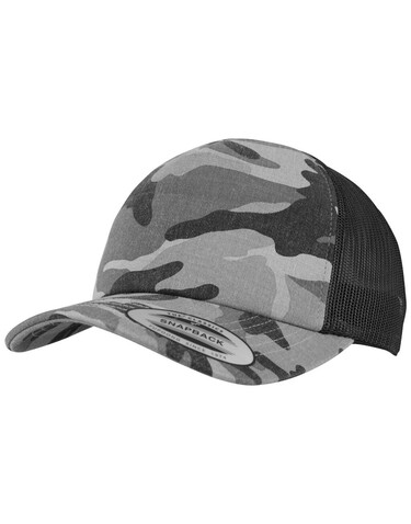 Flexfit Camo Trucker Cap, Wood Camo/Black, One Size bedrucken, Art.-Nr. 615687530
