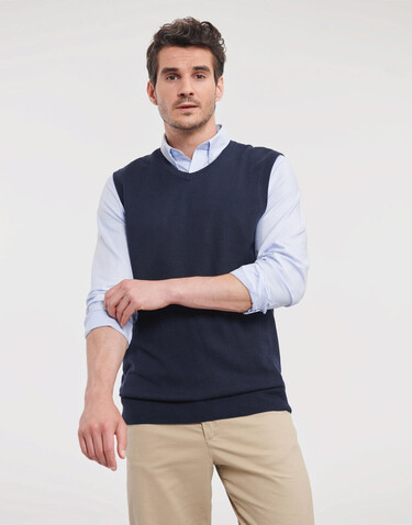 Russell Europe Adults` V-Neck Sleeveless Knitted Pullover, French Navy, XS bedrucken, Art.-Nr. 704002012