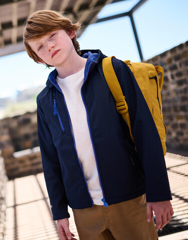 Regatta Junior Ablaze 3-Layer Hooded Softshell, Black/Classic Red, 3-4 (104) bedrucken, Art.-Nr. 780171572