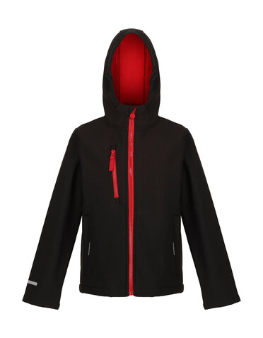 Regatta Junior Ablaze 3-Layer Hooded Softshell, Black/Classic Red, 3-4 (104) bedrucken, Art.-Nr. 780171572