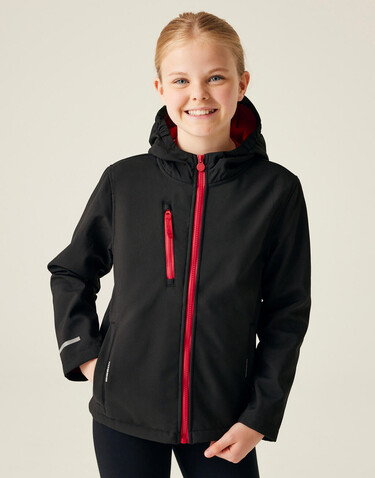 Regatta Junior Ablaze 3-Layer Hooded Softshell, Black/Classic Red, 11-12 (152) bedrucken, Art.-Nr. 780171576
