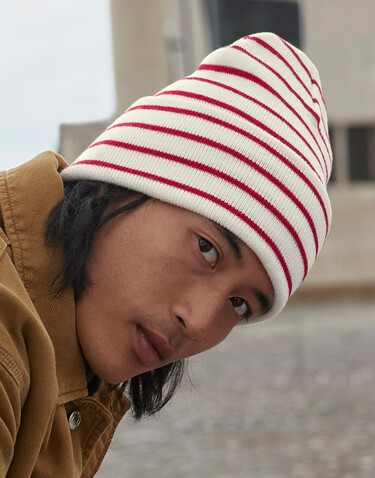 Beechfield Original Deep Cuffed Striped Beanie, Soft White/French Navy, One Size bedrucken, Art.-Nr. 994690620