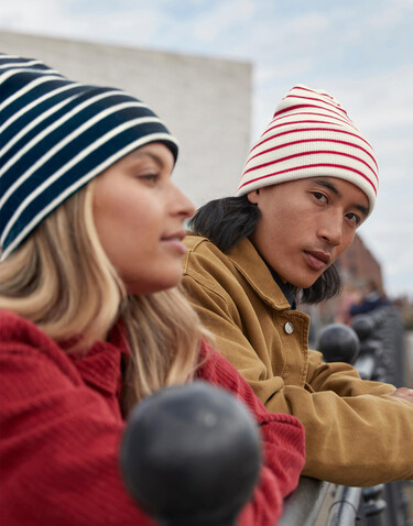 Beechfield Original Deep Cuffed Striped Beanie, Soft White/French Navy, One Size bedrucken, Art.-Nr. 994690620