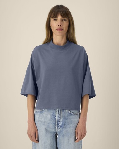 Stella Raya - Das kurze Damen-T-Shirt aus recycelter Baumwolle - Blue Grey - M bedrucken, Art.-Nr. STTW259C1561M