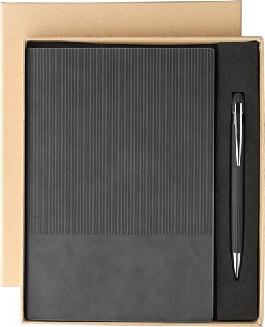 Recyceltes PU-Notizbuch (A5) und Kugelschreiber-Set Tarek – Schwarz bedrucken, Art.-Nr. 001999999_1454808