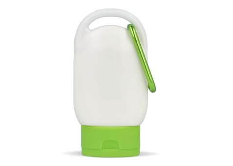 Sonnenschutzlotion mit Karabiner SPF30 aus recyceltem Material - Hellgrün bedrucken, Art.-Nr. LT91838-N0032 Sonnenschutzlotion mit Karabiner SPF30 aus recyceltem Material - Hellgrün bedrucken, Art.-Nr. LT91838-N0032