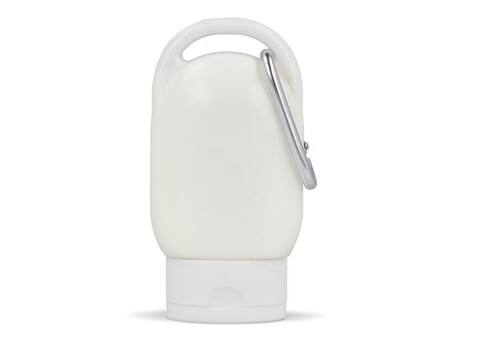 Sonnenschutzlotion mit Karabiner SPF30 aus recyceltem Material 30ml - Weiss bedrucken, Art.-Nr. LT91838-N0001 Sonnenschutzlotion mit Karabiner SPF30 aus recyceltem Material 30ml - Weiss bedrucken, Art.-Nr. LT91838-N0001