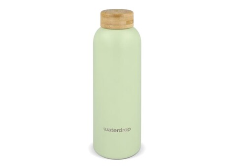 Waterdrop Edelstahlflasche mit Bambusdeckel 600 ml - Dunkelbraun / Grün bedrucken, Art.-Nr. LT47002-N5031