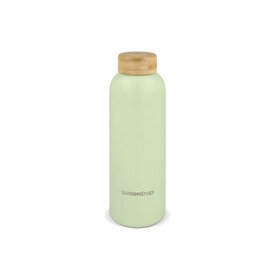Waterdrop Edelstahlflasche mit Bambusdeckel 600 ml - Dunkelbraun / Grün bedrucken, Art.-Nr. LT47002-N5031