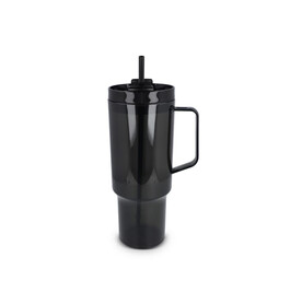 Miami Becher mit Henkel transparent 1,2 l R-PET - Transparent / Schwarz bedrucken, Art.-Nr. LT98695-N0402