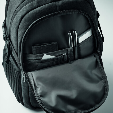 Laptop-Rucksack 600D RPET - Schwarz bedrucken, Art.-Nr. MO2047-03 Laptop-Rucksack 600D RPET - Schwarz bedrucken, Art.-Nr. MO2047-03