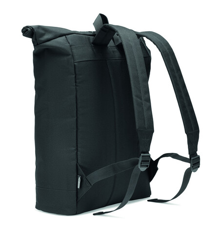 Rolltop-Rucksack 600D RPET - Schwarz bedrucken, Art.-Nr. MO6998-03