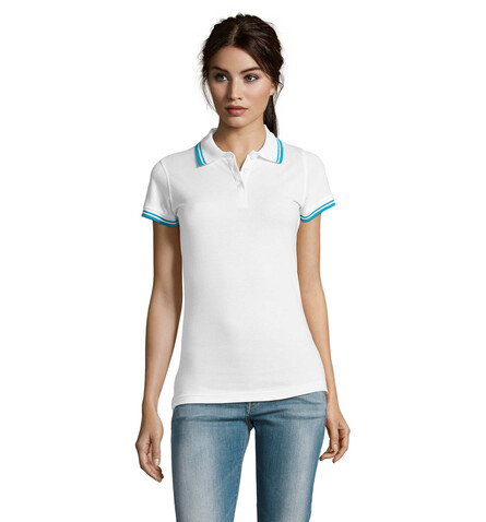 PASADENA Damen Polo 200g - White/Aqua bedrucken, Art.-Nr. S00578-QU-M