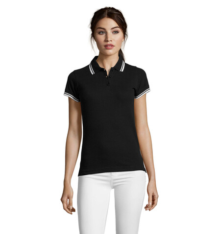 PASADENA Damen Polo 200g - Schwarz / Weiß bedrucken, Art.-Nr. S00578-BC-L